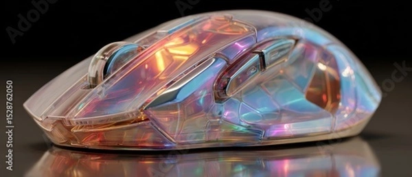 Fototapeta A futuristic, translucent computer mouse with vibrant, iridescent colors reflecting light on its sleek surface.