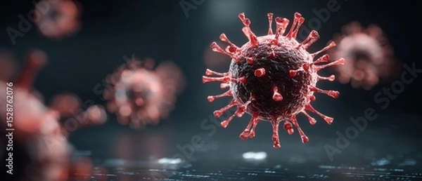 Fototapeta Close-up 3D illustration of a red and black virus particle with spike proteins floating in a dark environment.