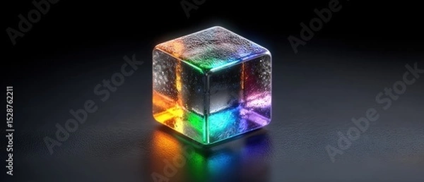 Fototapeta A glowing, transparent cube emits vibrant rainbow colors on a dark reflective surface, creating a futuristic and visually striking effect.