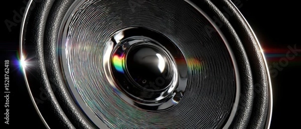 Fototapeta Close-up of a black speaker cone with visible textures and light reflections, showing intricate details and subtle rainbow light effects.