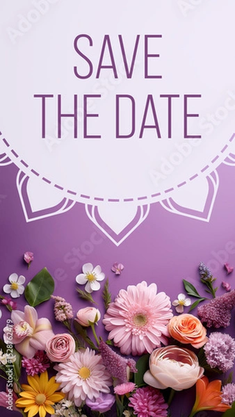Obraz Save The Date Floral Purple Circular White Mandala Vertical Text 