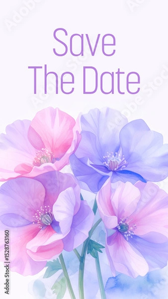 Obraz Save The Date Floral Watercolor Purple Pink Blue Bottom Vertical Text 