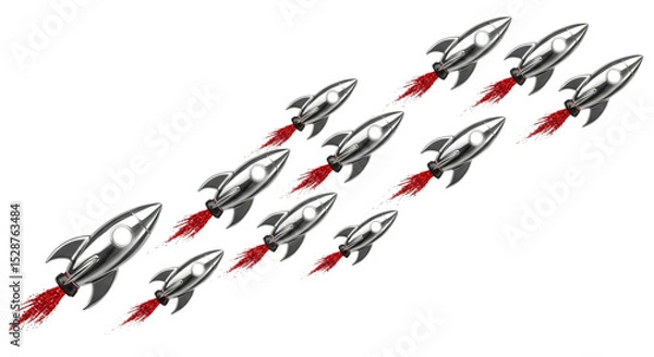 Fototapeta Silver rockets in formation, symbolizing rapid business growth, startup success, market leadership, and innovation. Ideal for finance reports, tech launches, and competitive strategy presentations,
