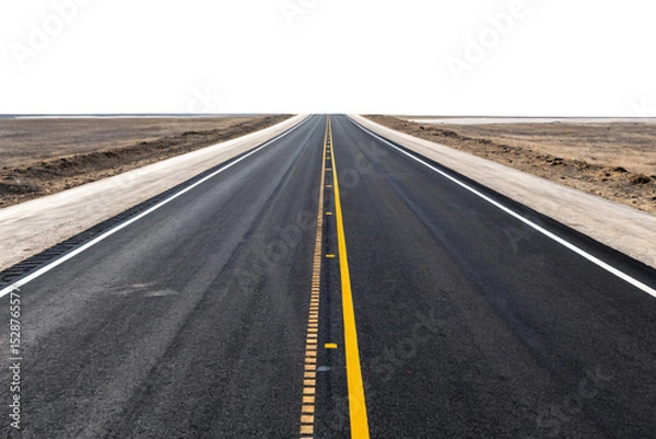 Fototapeta Straight asphalt road cutting through arid desert terrain with clear lane markings extending toward distant horizon, isolated on a transparent background