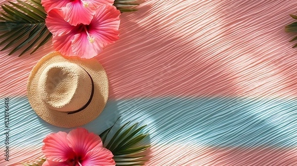 Obraz Flat lay of hibiscus flowers on sunset gradient striped fabric, beachy props, natural daylight, summer vibe. Created Using: flat lay photography, tropical styling, bright daylight, pastel gradients,