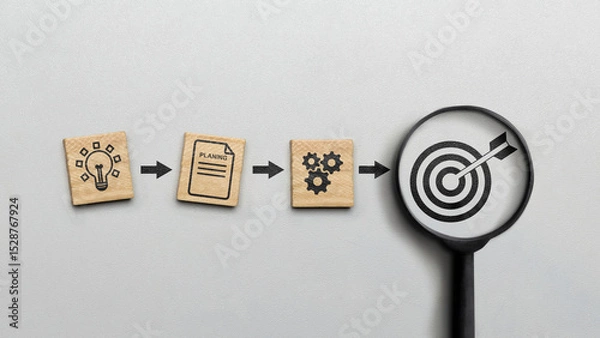 Fototapeta Magnifying glass showing a dart and an arrow icon on a white background. Concept of the action plan