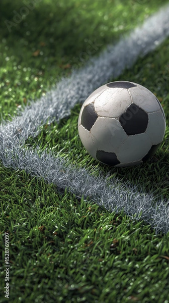 Fototapeta A soccer ball on the corner of a football field, with a grass background and a high-angle view. The image has a photorealistic appearance. The 2025 FIFA Club World Cup