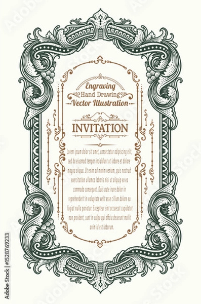 Fototapeta Elegant Vintage Engraving Invitation Frame with Scrollwork and Customizable Text Areas.