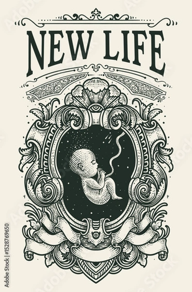 Fototapeta Illustration New Life Fetus with Skull Engraving Ornate Frame - Vector design