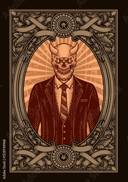 Fototapeta Illustration vintage engraving of a horned skull in a suit, symbolizing evil government with engraving frame.