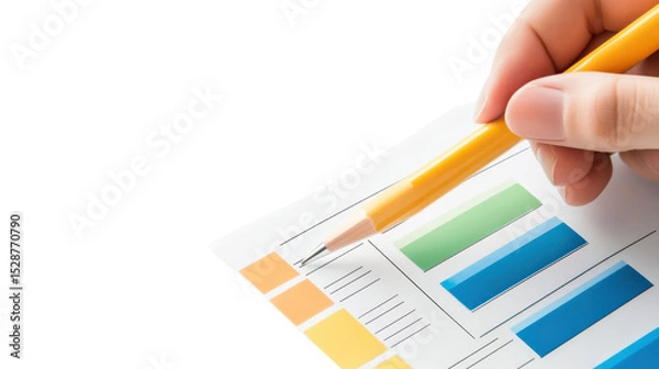 Obraz Hand Holding Yellow Pencil Over Paper with Color Charts and Data for Analysis and Planning Purposes