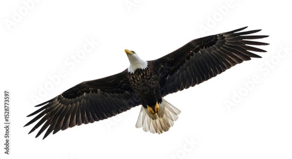 Fototapeta Majestic bald eagle in powerful flight, wings outstretched, isolated on white & transparent background. Ideal for Fourth of July, Veterans Day, patriotic celebrations, American pride, freedom,