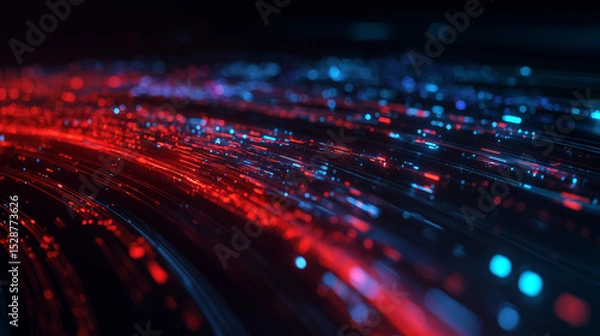 Fototapeta High-speed data flow visualized as red and blue glowing fiber optic lines.
