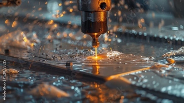 Fototapeta Close up of cnc water jet cutter in action for precision metal fabrication in automotive parts