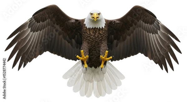 Fototapeta Majestic bald eagle soaring with wings spread and talons extended, isolated on white & transparent background. Ideal for patriotic designs, 4th of July, Veterans Day, American holidays,