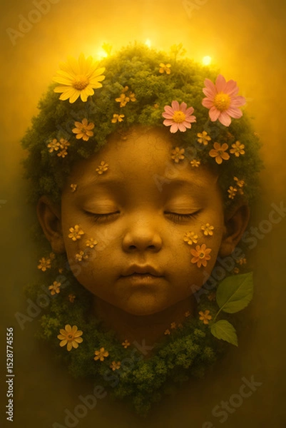 Fototapeta Baby face, Ethereal Glow, a soft golden ambient light, making the sculpture feel divine and peaceful.