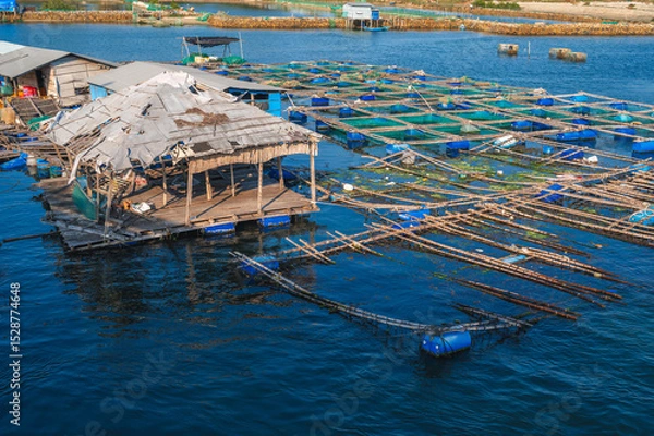 Fototapeta fish farming farm with fishing cages and nets on water in the sea bay in Vietnam in Asia
