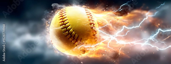 Fototapeta A dynamic image of a flying softball with energy bursts and lightning effects, capturing the thrill of the game.