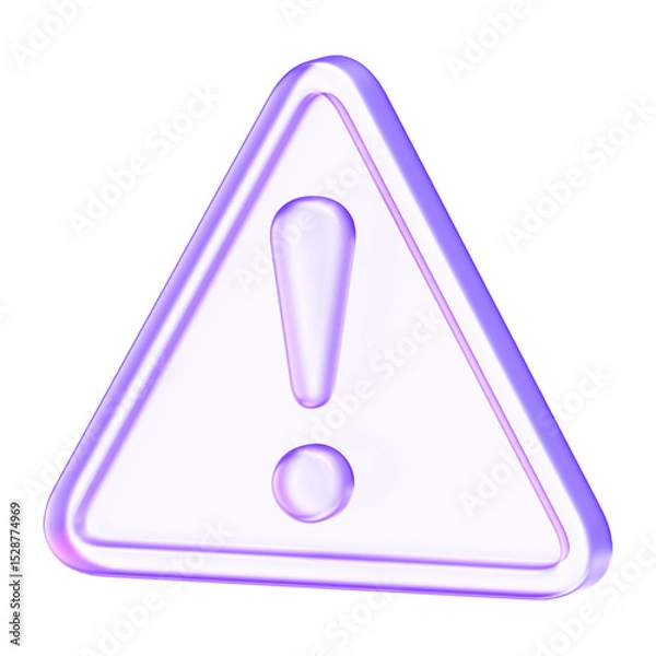 Obraz Minimal glass style warning icon in purple tones, representing caution, alert, danger, or system notifications in digital environments, 3d rendering