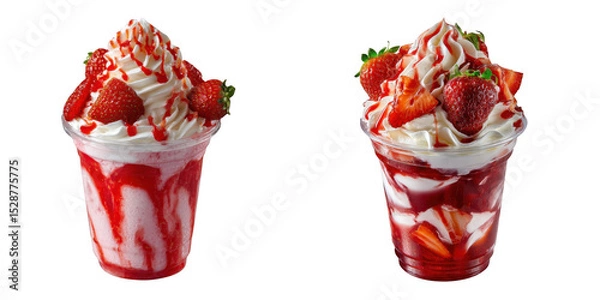 Fototapeta Two delicious strawberry sundaes with whipped cream isolated on transparent background