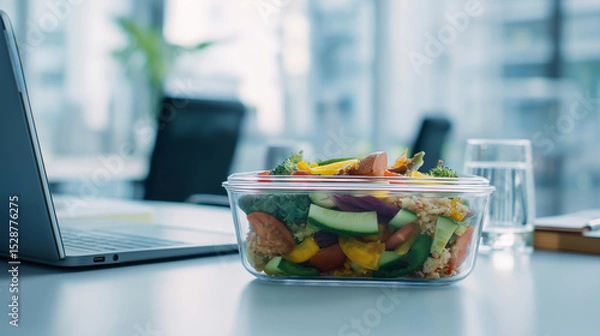 Fototapeta Fresh salad in a plastic container on office desk with city view in background.
