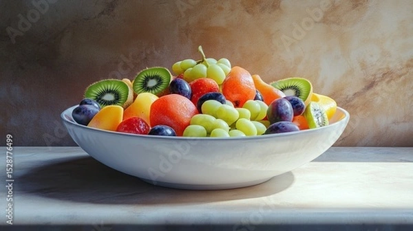 Obraz A white bowl overflowing with a vibrant mix of sliced kiwi, grapes, and peach segments, bathed in warm sunlight on a marble surface