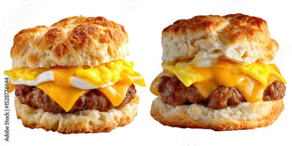 Fototapeta Two delicious sausage egg and cheese biscuits isolated on transparent background