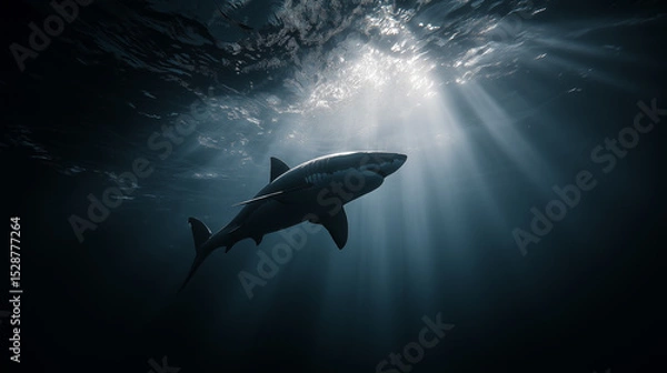 Fototapeta Silhouetted shark gliding through deep ocean with dramatic light rays above.
