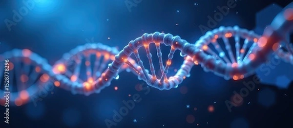 Fototapeta Abstract representation of DNA strands against a blue background with glowing particles.