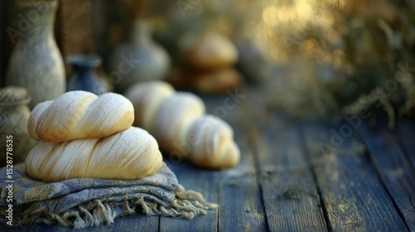 Fototapeta Rustic bread display on wooden table