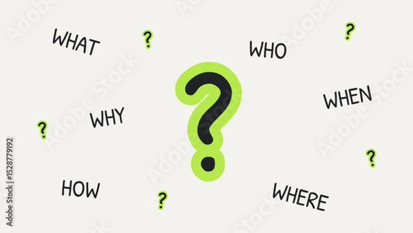 Obraz Question mark illustration concept with the words what, who, where, when, why, and how. Useful for education, business presentations, explanatory content, and decision making topics.