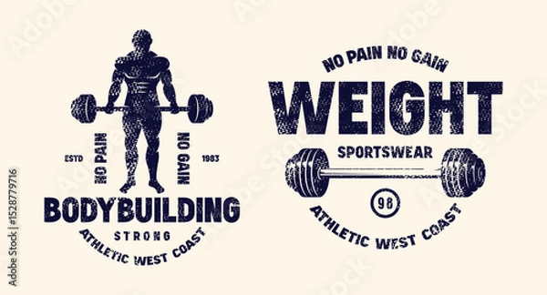Obraz Sport emblem with powerlifter silhouette. Graphic design with rough texture for t-shirt. Black print on white background
