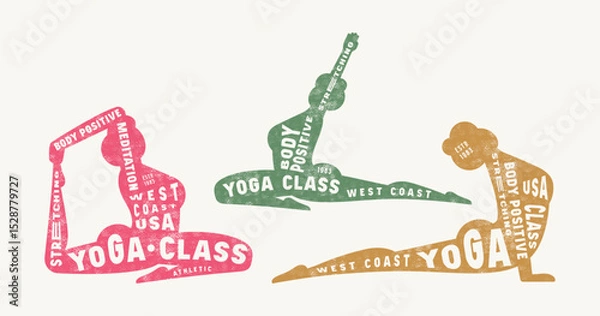 Obraz Body positive yoga class emblem. Graphic design with typographic and silhouettes of girl in asana. Color print on white background