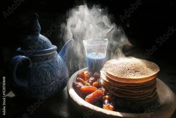 Fototapeta Stacked pancakes, dates, and tea