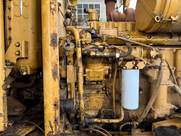 Fototapeta Heavy Equipment Engine A close-up shot highlighting the robust machinery of a bulldozer engine, with intricate details of its mechanical components, exuding power and durability.