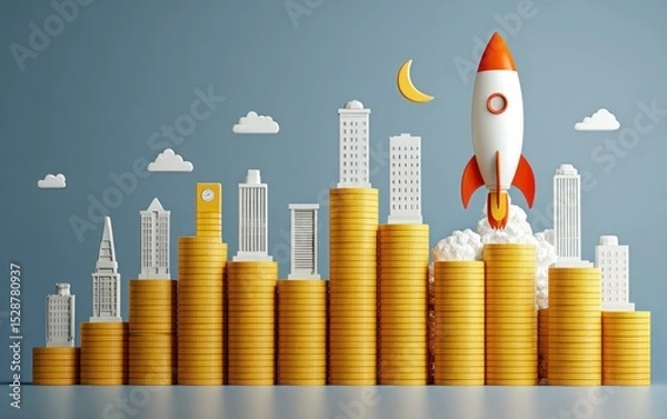 Fototapeta Stacks of coins with buildings and rocket