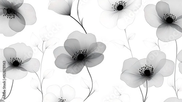 Fototapeta Minimalist line art floral pattern, repeating single-line flowers in black on white, seamless and elegant, airy arrangement with delicate line quality. Created Using: vector illustration,