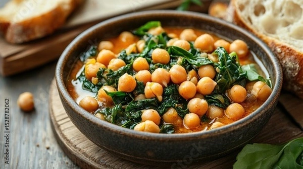 Obraz A rustic bowl brimming with a hearty chickpea and spinach stew, subtly seasoned with reddish-orange spices, served alongside crusty bread slices on a dark wooden surface