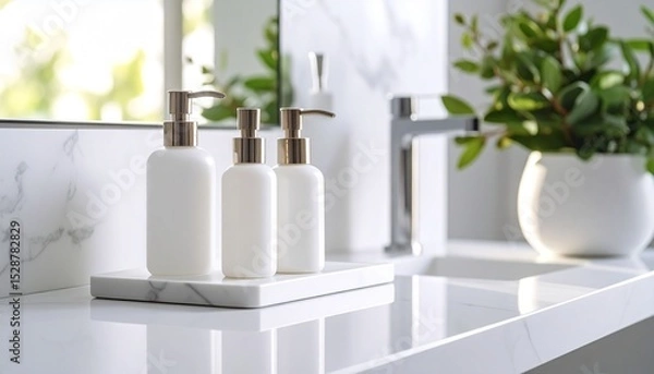 Fototapeta Minimal skincare bottles on white marble sink, soft lighting, aesthetic clean beauty