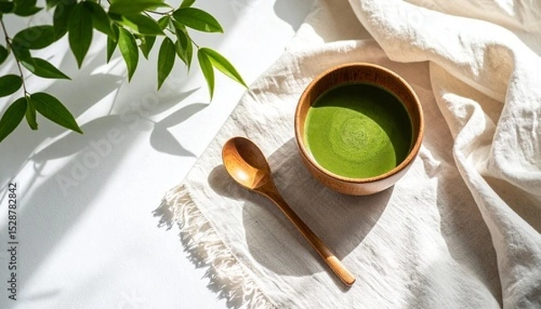 Fototapeta Flat lay of minimalist matcha bowl and spoon on linen with soft lighting