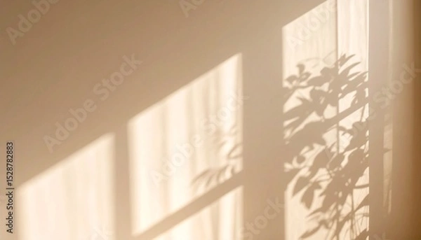 Fototapeta Shadows on a beige wall, minimal light play background, modern aesthetic