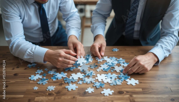Obraz Business professionals working together on a puzzle, representing teamwork, collaboration, and problem-solving in the office setting