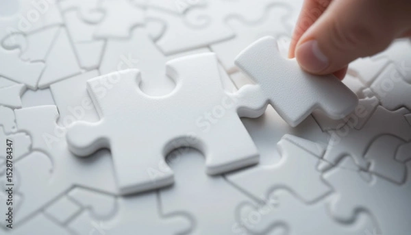 Fototapeta Hand Inserting a White Puzzle Piece into an Empty Space on a White Puzzle Background
