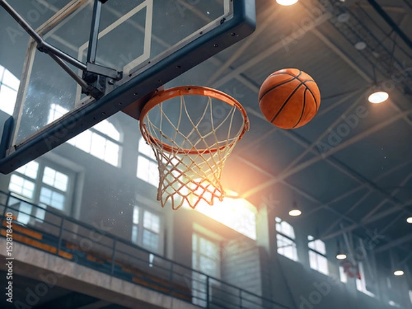 Obraz Realistic 3D Basketball Mid-Air Above the Hoop