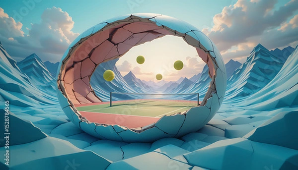 Obraz Surreal 3D Tennis Universe in a Cracked Sphere