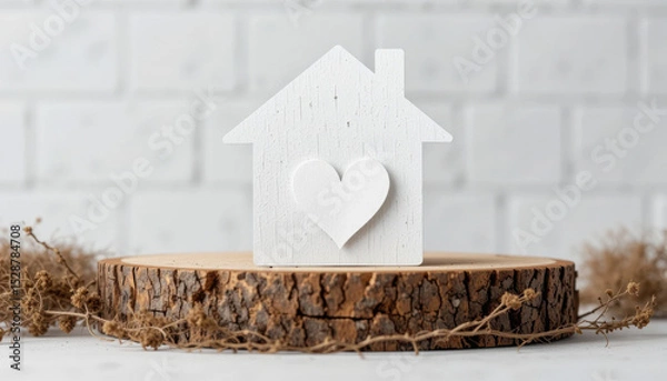 Obraz Charming wooden house with a heart symbol on a rustic wooden slice, perfect for home decor and love-themed settings