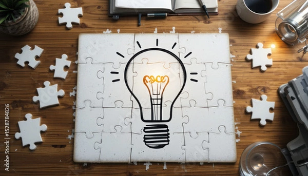 Obraz Creative illustration of a light bulb drawing emerging from jigsaw puzzle pieces on a wooden table with stationery and coffee