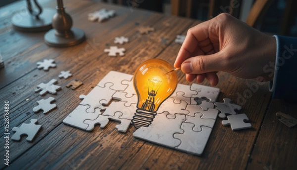 Obraz Creative Concept of Problem Solving with Puzzle Pieces and Light Bulb Representing Ideas and Innovation in a Rustic Setting