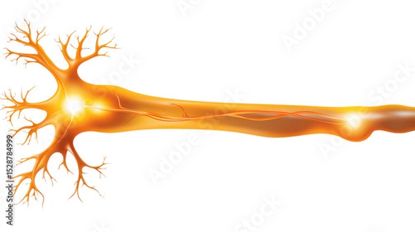 Fototapeta Illuminated Neuron with Branches and Synapse in Vibrant Orange and Yellow Colors on a Transparent Background