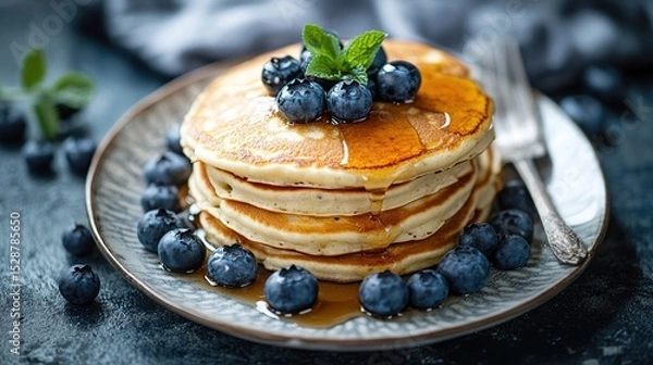 Obraz A stack of golden-brown pancakes, drizzled with syrup and topped with fresh blueberries and a sprig of mint, sits on a gray plate surrounded by more blueberries
